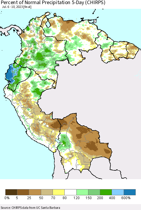 Northern South America Percent of Normal Precipitation 5-Day (CHIRPS) Thematic Map For 7/6/2023 - 7/10/2023