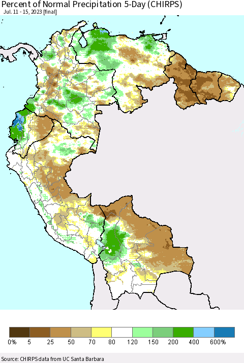 Northern South America Percent of Normal Precipitation 5-Day (CHIRPS) Thematic Map For 7/11/2023 - 7/15/2023