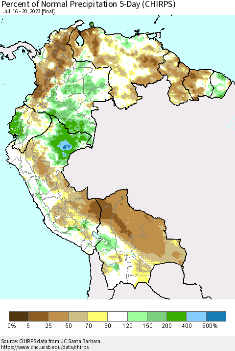 Northern South America Percent of Normal Precipitation 5-Day (CHIRPS) Thematic Map For 7/16/2023 - 7/20/2023