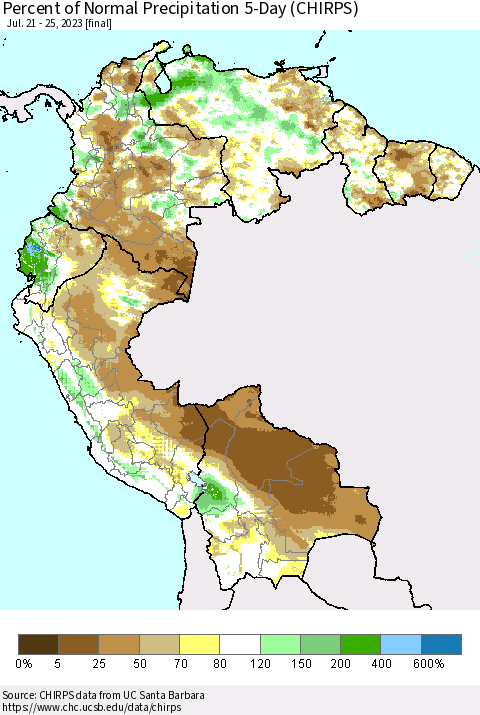 Northern South America Percent of Normal Precipitation 5-Day (CHIRPS) Thematic Map For 7/21/2023 - 7/25/2023