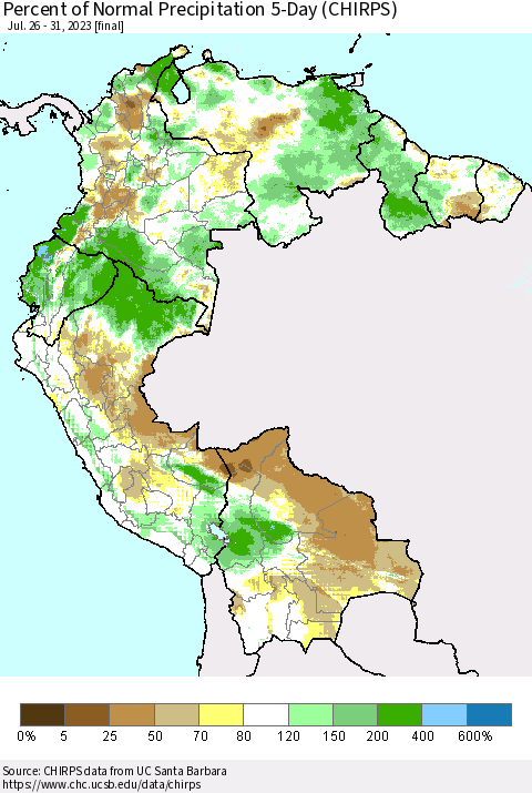 Northern South America Percent of Normal Precipitation 5-Day (CHIRPS) Thematic Map For 7/26/2023 - 7/31/2023