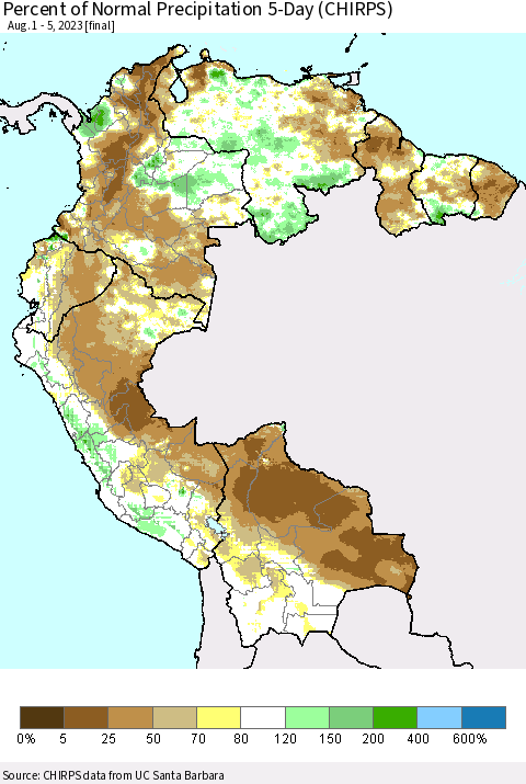 Northern South America Percent of Normal Precipitation 5-Day (CHIRPS) Thematic Map For 8/1/2023 - 8/5/2023