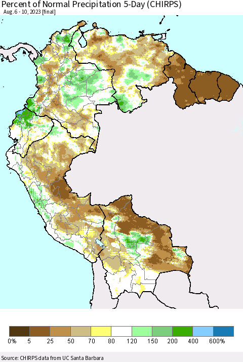 Northern South America Percent of Normal Precipitation 5-Day (CHIRPS) Thematic Map For 8/6/2023 - 8/10/2023