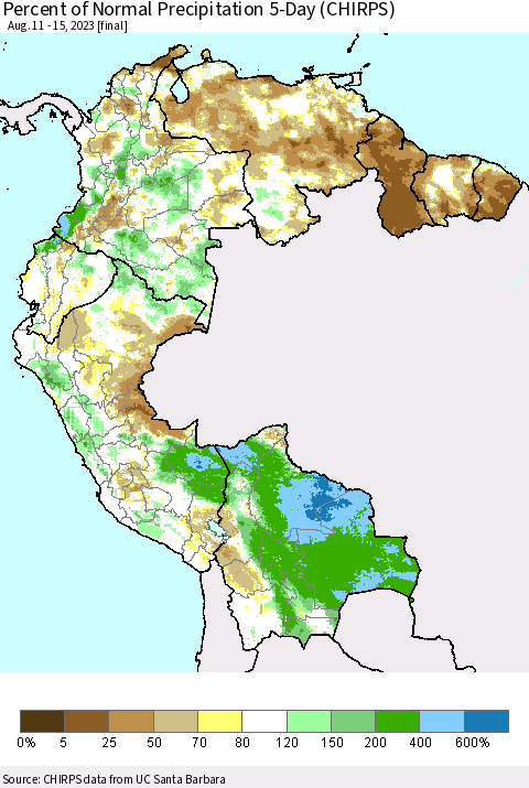Northern South America Percent of Normal Precipitation 5-Day (CHIRPS) Thematic Map For 8/11/2023 - 8/15/2023