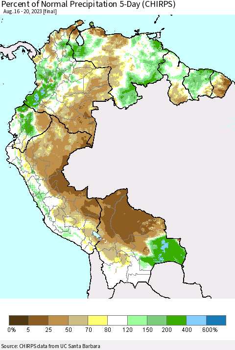 Northern South America Percent of Normal Precipitation 5-Day (CHIRPS) Thematic Map For 8/16/2023 - 8/20/2023