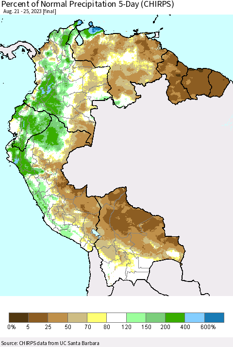 Northern South America Percent of Normal Precipitation 5-Day (CHIRPS) Thematic Map For 8/21/2023 - 8/25/2023