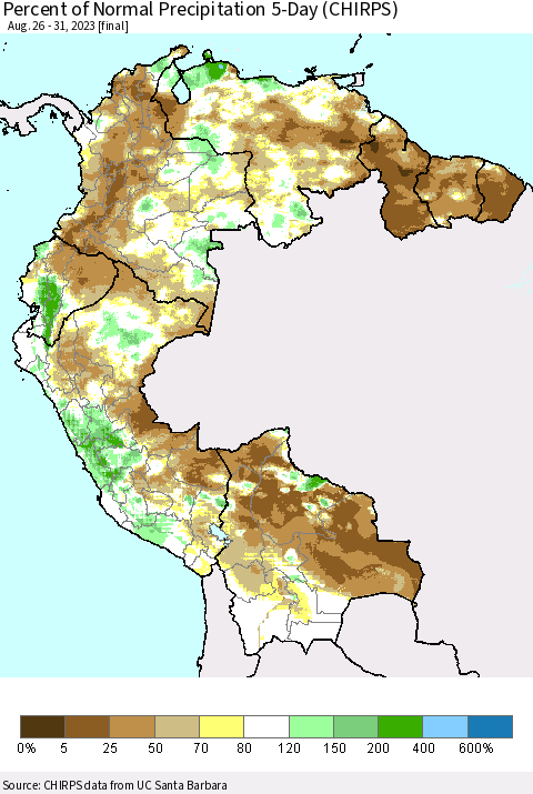 Northern South America Percent of Normal Precipitation 5-Day (CHIRPS) Thematic Map For 8/26/2023 - 8/31/2023
