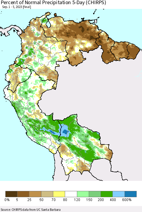 Northern South America Percent of Normal Precipitation 5-Day (CHIRPS) Thematic Map For 9/1/2023 - 9/5/2023