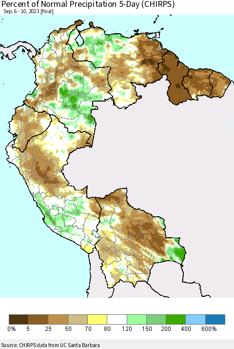 Northern South America Percent of Normal Precipitation 5-Day (CHIRPS) Thematic Map For 9/6/2023 - 9/10/2023