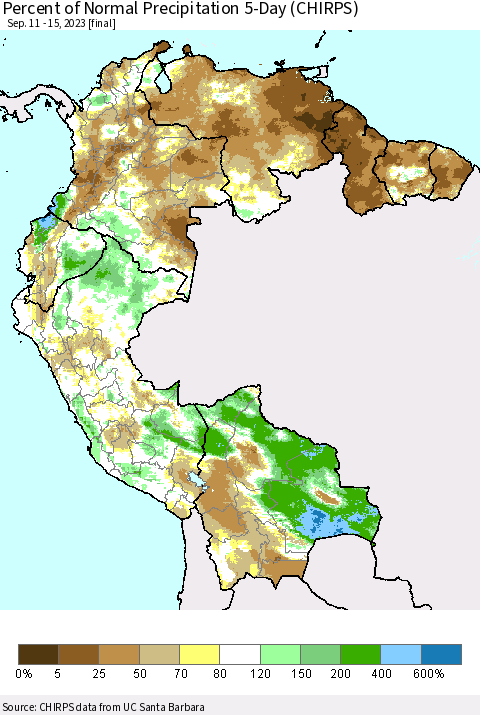 Northern South America Percent of Normal Precipitation 5-Day (CHIRPS) Thematic Map For 9/11/2023 - 9/15/2023