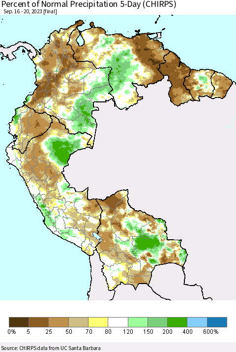 Northern South America Percent of Normal Precipitation 5-Day (CHIRPS) Thematic Map For 9/16/2023 - 9/20/2023