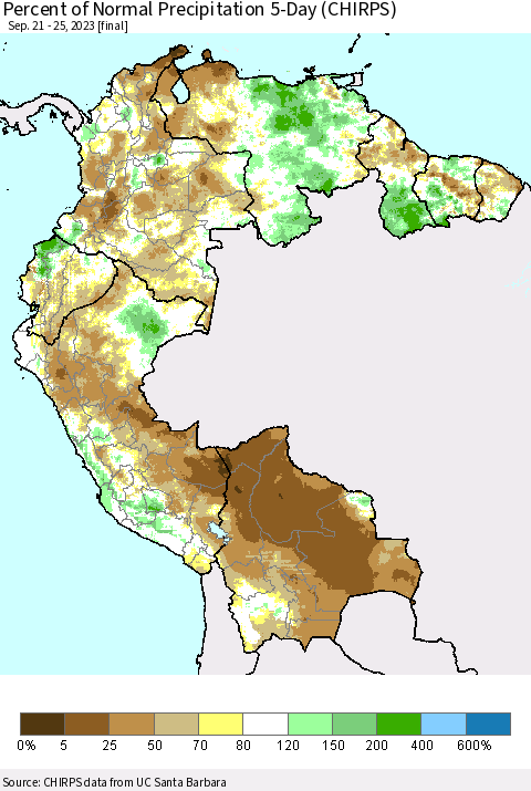 Northern South America Percent of Normal Precipitation 5-Day (CHIRPS) Thematic Map For 9/21/2023 - 9/25/2023