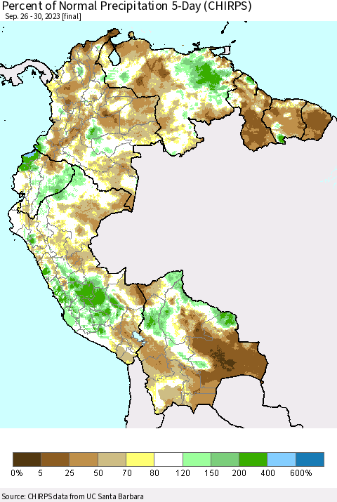 Northern South America Percent of Normal Precipitation 5-Day (CHIRPS) Thematic Map For 9/26/2023 - 9/30/2023