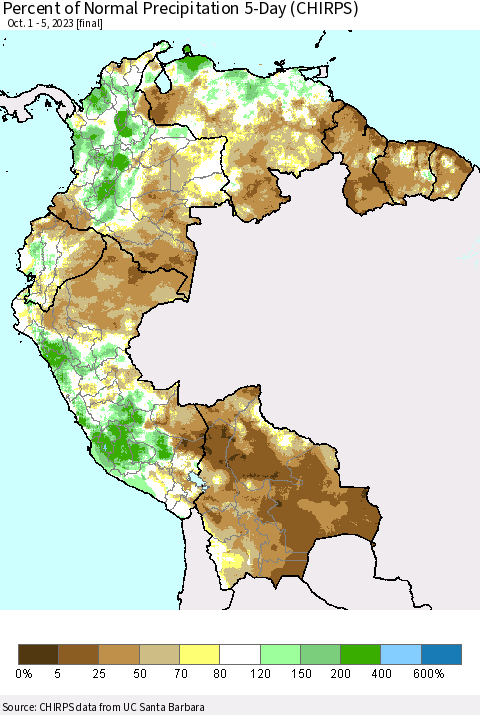 Northern South America Percent of Normal Precipitation 5-Day (CHIRPS) Thematic Map For 10/1/2023 - 10/5/2023