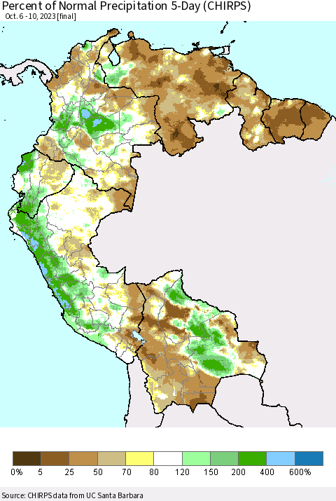 Northern South America Percent of Normal Precipitation 5-Day (CHIRPS) Thematic Map For 10/6/2023 - 10/10/2023