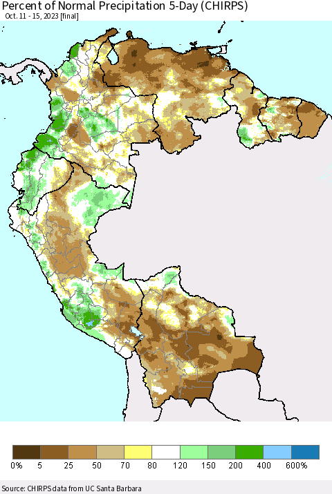 Northern South America Percent of Normal Precipitation 5-Day (CHIRPS) Thematic Map For 10/11/2023 - 10/15/2023