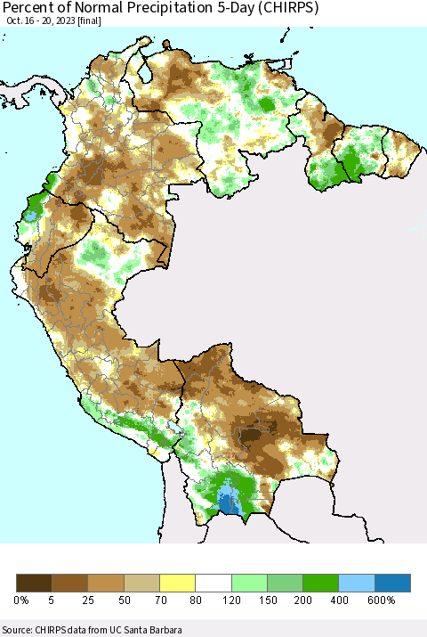 Northern South America Percent of Normal Precipitation 5-Day (CHIRPS) Thematic Map For 10/16/2023 - 10/20/2023