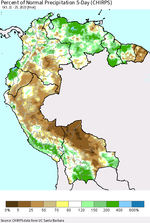 Northern South America Percent of Normal Precipitation 5-Day (CHIRPS) Thematic Map For 10/21/2023 - 10/25/2023
