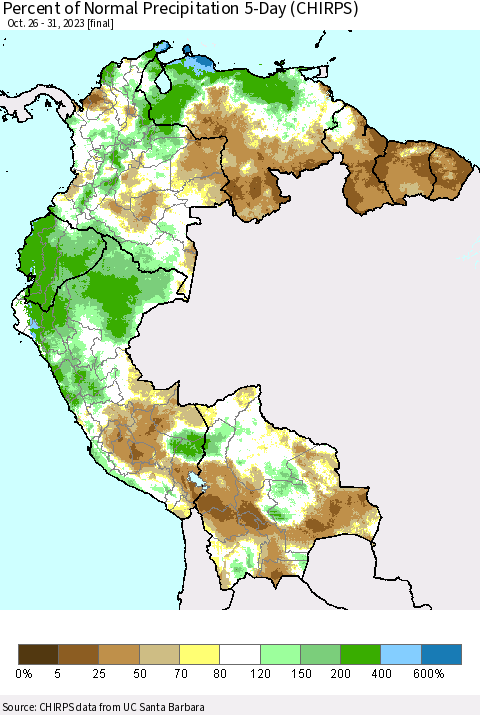 Northern South America Percent of Normal Precipitation 5-Day (CHIRPS) Thematic Map For 10/26/2023 - 10/31/2023