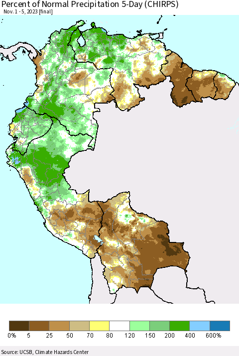 Northern South America Percent of Normal Precipitation 5-Day (CHIRPS) Thematic Map For 11/1/2023 - 11/5/2023