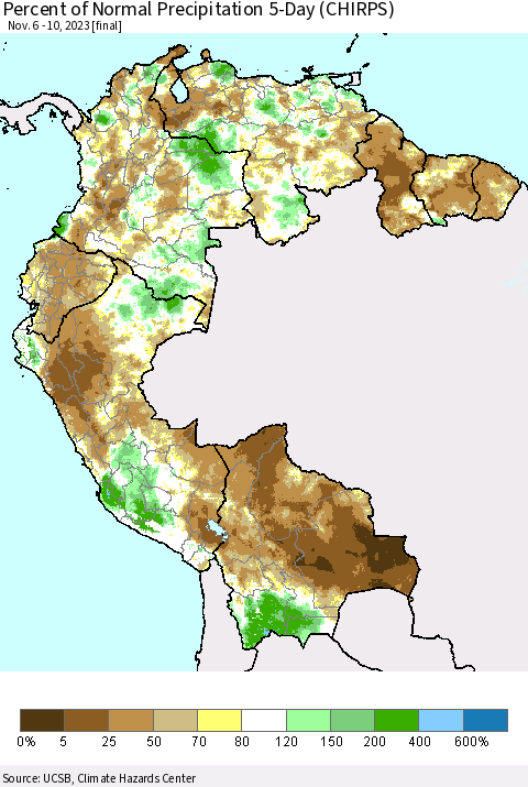 Northern South America Percent of Normal Precipitation 5-Day (CHIRPS) Thematic Map For 11/6/2023 - 11/10/2023