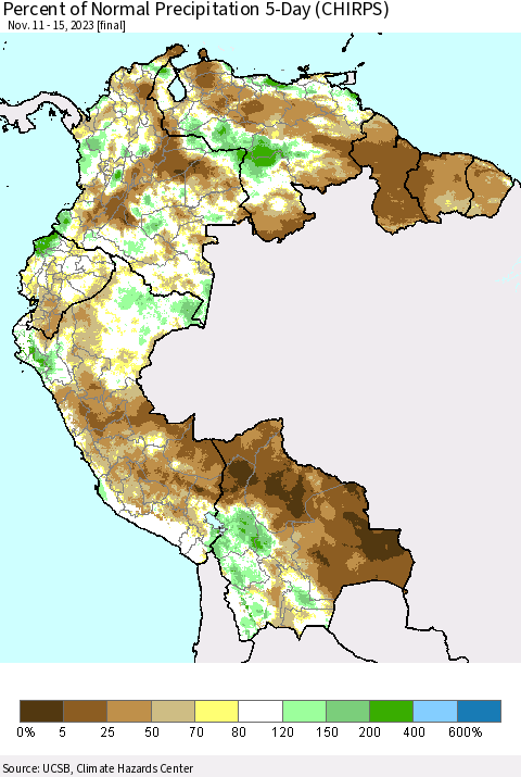 Northern South America Percent of Normal Precipitation 5-Day (CHIRPS) Thematic Map For 11/11/2023 - 11/15/2023
