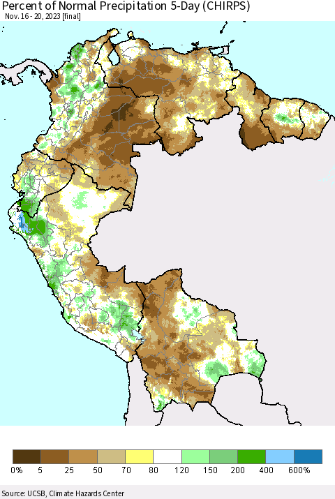 Northern South America Percent of Normal Precipitation 5-Day (CHIRPS) Thematic Map For 11/16/2023 - 11/20/2023