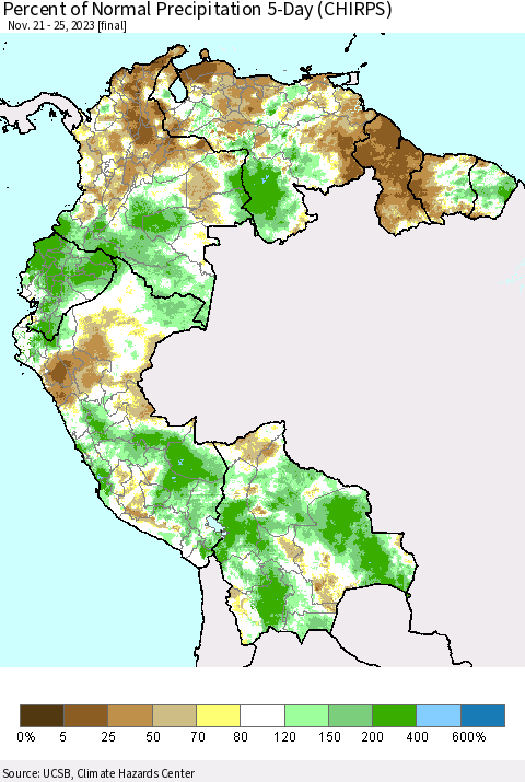 Northern South America Percent of Normal Precipitation 5-Day (CHIRPS) Thematic Map For 11/21/2023 - 11/25/2023