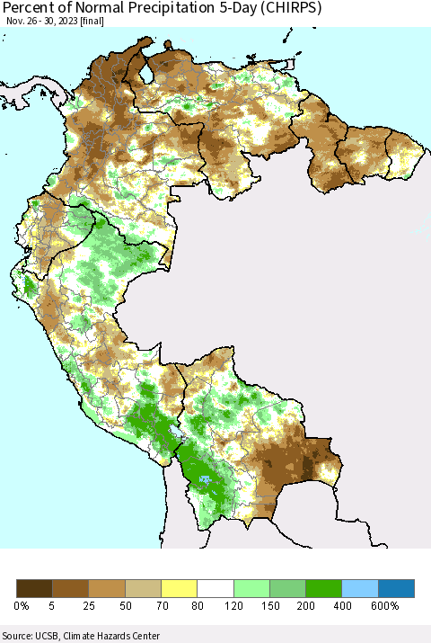 Northern South America Percent of Normal Precipitation 5-Day (CHIRPS) Thematic Map For 11/26/2023 - 11/30/2023