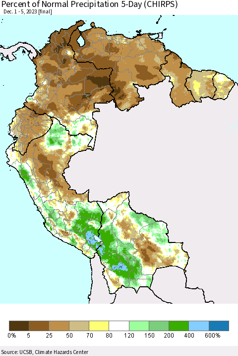 Northern South America Percent of Normal Precipitation 5-Day (CHIRPS) Thematic Map For 12/1/2023 - 12/5/2023