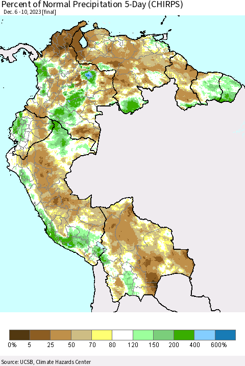Northern South America Percent of Normal Precipitation 5-Day (CHIRPS) Thematic Map For 12/6/2023 - 12/10/2023