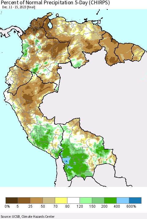Northern South America Percent of Normal Precipitation 5-Day (CHIRPS) Thematic Map For 12/11/2023 - 12/15/2023