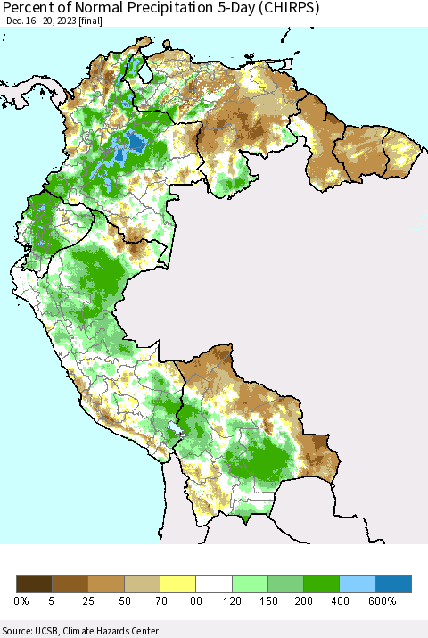 Northern South America Percent of Normal Precipitation 5-Day (CHIRPS) Thematic Map For 12/16/2023 - 12/20/2023