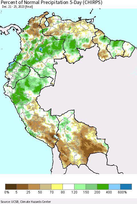 Northern South America Percent of Normal Precipitation 5-Day (CHIRPS) Thematic Map For 12/21/2023 - 12/25/2023