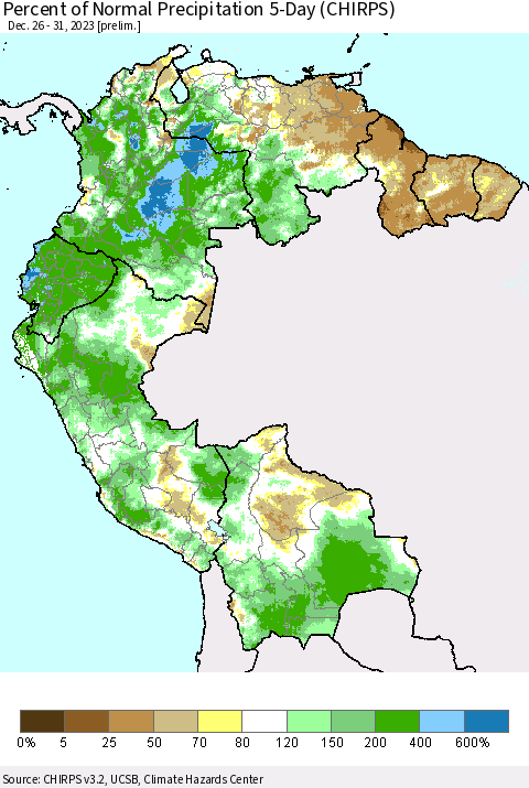 Northern South America Percent of Normal Precipitation 5-Day (CHIRPS) Thematic Map For 12/26/2023 - 12/31/2023