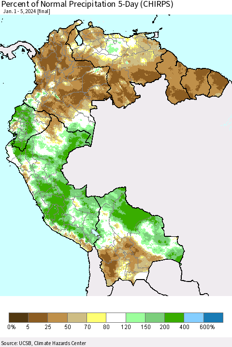 Northern South America Percent of Normal Precipitation 5-Day (CHIRPS) Thematic Map For 1/1/2024 - 1/5/2024