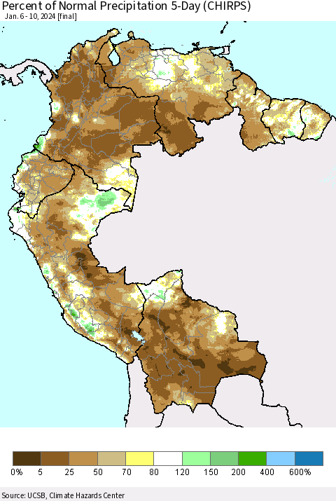 Northern South America Percent of Normal Precipitation 5-Day (CHIRPS) Thematic Map For 1/6/2024 - 1/10/2024