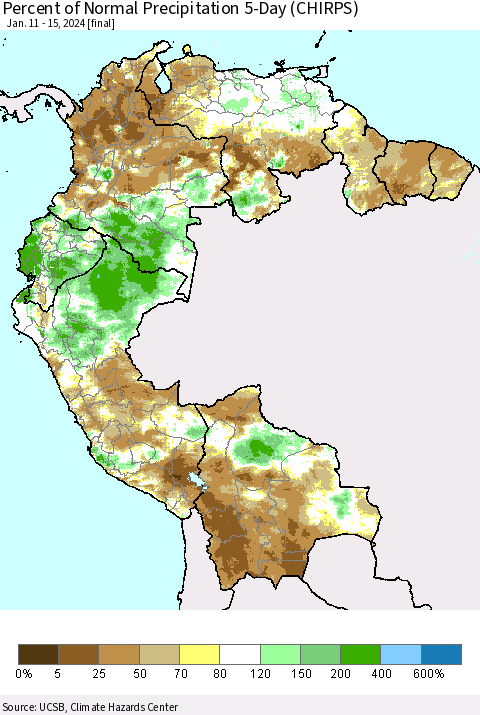 Northern South America Percent of Normal Precipitation 5-Day (CHIRPS) Thematic Map For 1/11/2024 - 1/15/2024