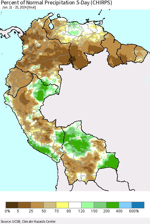 Northern South America Percent of Normal Precipitation 5-Day (CHIRPS) Thematic Map For 1/21/2024 - 1/25/2024