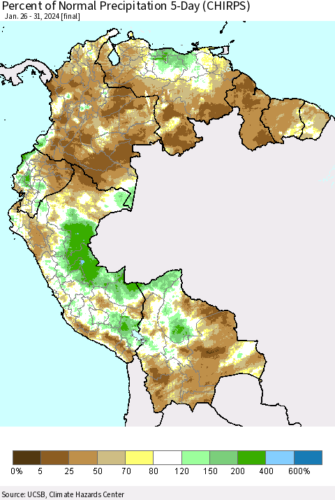 Northern South America Percent of Normal Precipitation 5-Day (CHIRPS) Thematic Map For 1/26/2024 - 1/31/2024