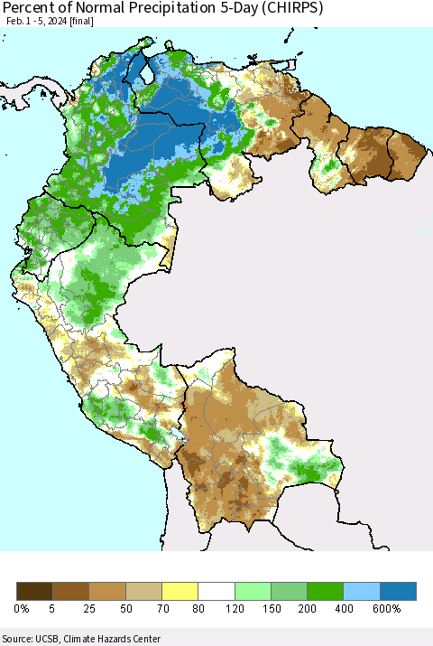 Northern South America Percent of Normal Precipitation 5-Day (CHIRPS) Thematic Map For 2/1/2024 - 2/5/2024