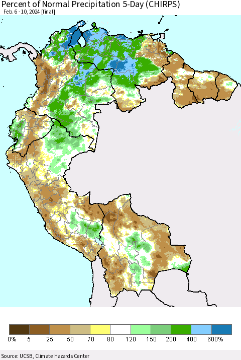 Northern South America Percent of Normal Precipitation 5-Day (CHIRPS) Thematic Map For 2/6/2024 - 2/10/2024
