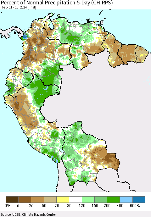 Northern South America Percent of Normal Precipitation 5-Day (CHIRPS) Thematic Map For 2/11/2024 - 2/15/2024