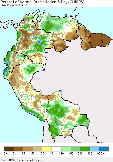 Northern South America Percent of Normal Precipitation 5-Day (CHIRPS) Thematic Map For 2/16/2024 - 2/20/2024