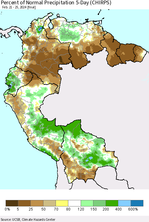 Northern South America Percent of Normal Precipitation 5-Day (CHIRPS) Thematic Map For 2/21/2024 - 2/25/2024