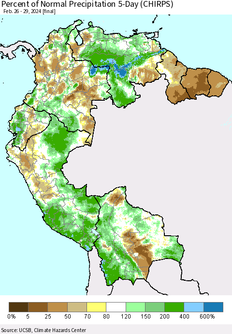 Northern South America Percent of Normal Precipitation 5-Day (CHIRPS) Thematic Map For 2/26/2024 - 2/29/2024