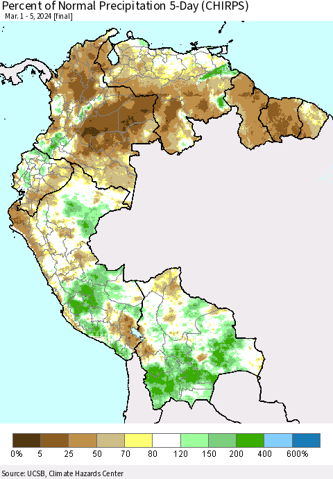 Northern South America Percent of Normal Precipitation 5-Day (CHIRPS) Thematic Map For 3/1/2024 - 3/5/2024