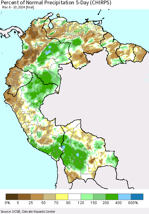 Northern South America Percent of Normal Precipitation 5-Day (CHIRPS) Thematic Map For 3/6/2024 - 3/10/2024