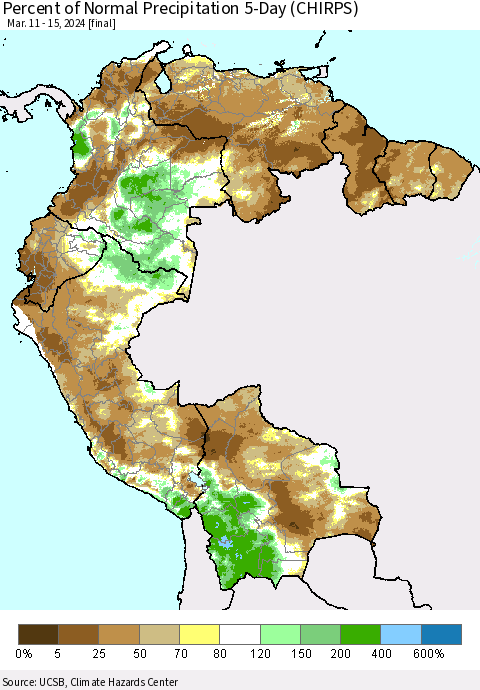 Northern South America Percent of Normal Precipitation 5-Day (CHIRPS) Thematic Map For 3/11/2024 - 3/15/2024