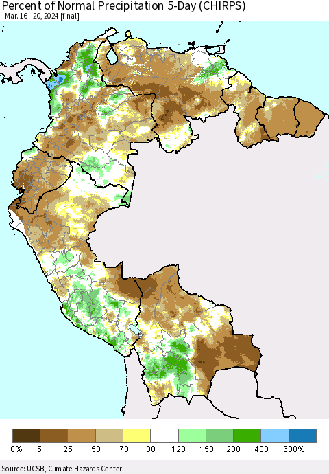 Northern South America Percent of Normal Precipitation 5-Day (CHIRPS) Thematic Map For 3/16/2024 - 3/20/2024